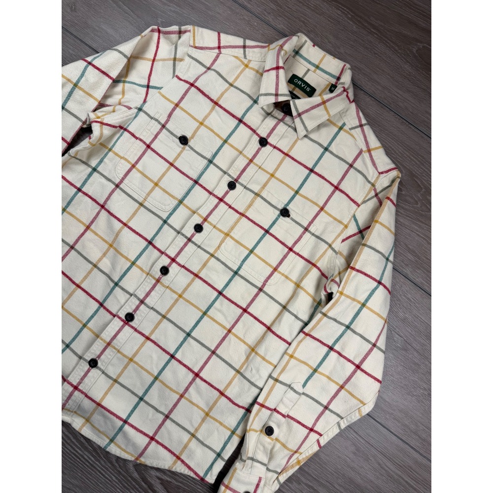 Orvis Mens Button Down Shirt Classic Fit Flannel Plaid Cream Size Medium